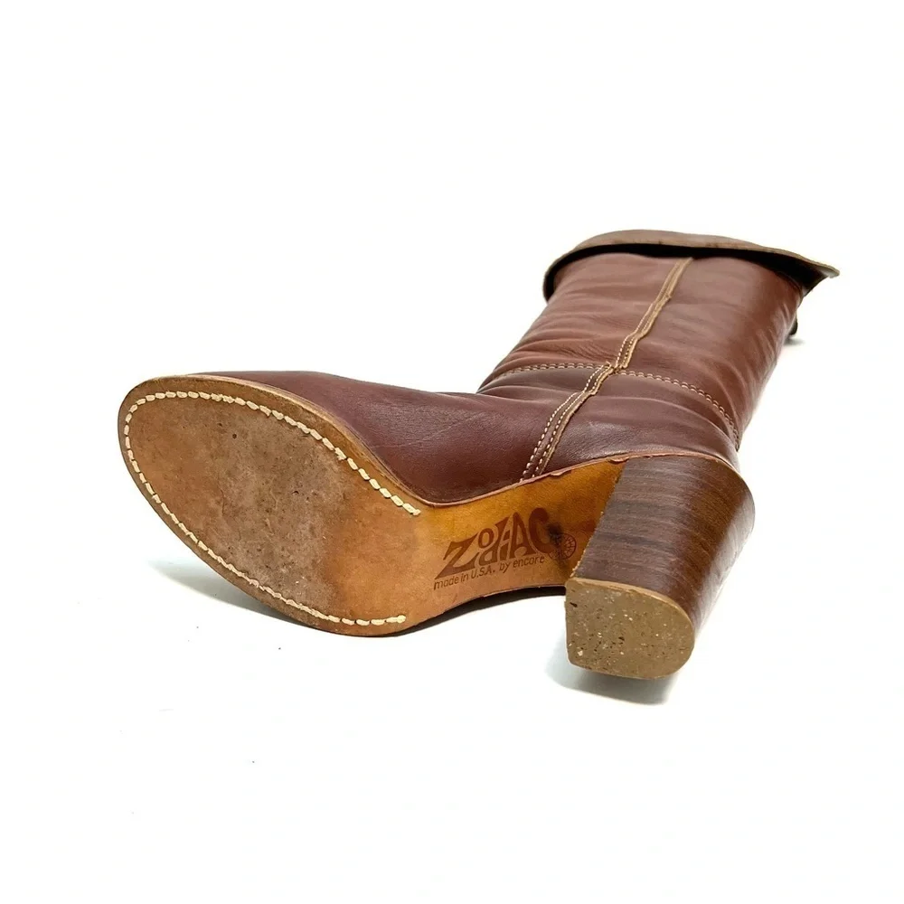 ZODIAC | Vintage 1970s brown leather over the knee logo fabric heeled boots